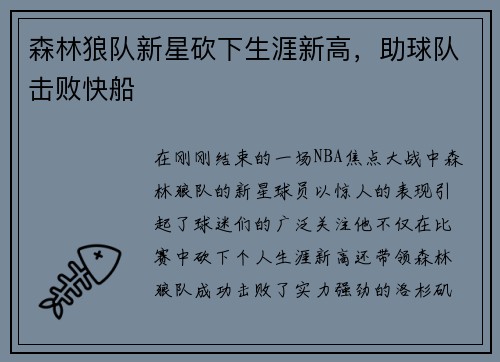 森林狼队新星砍下生涯新高，助球队击败快船